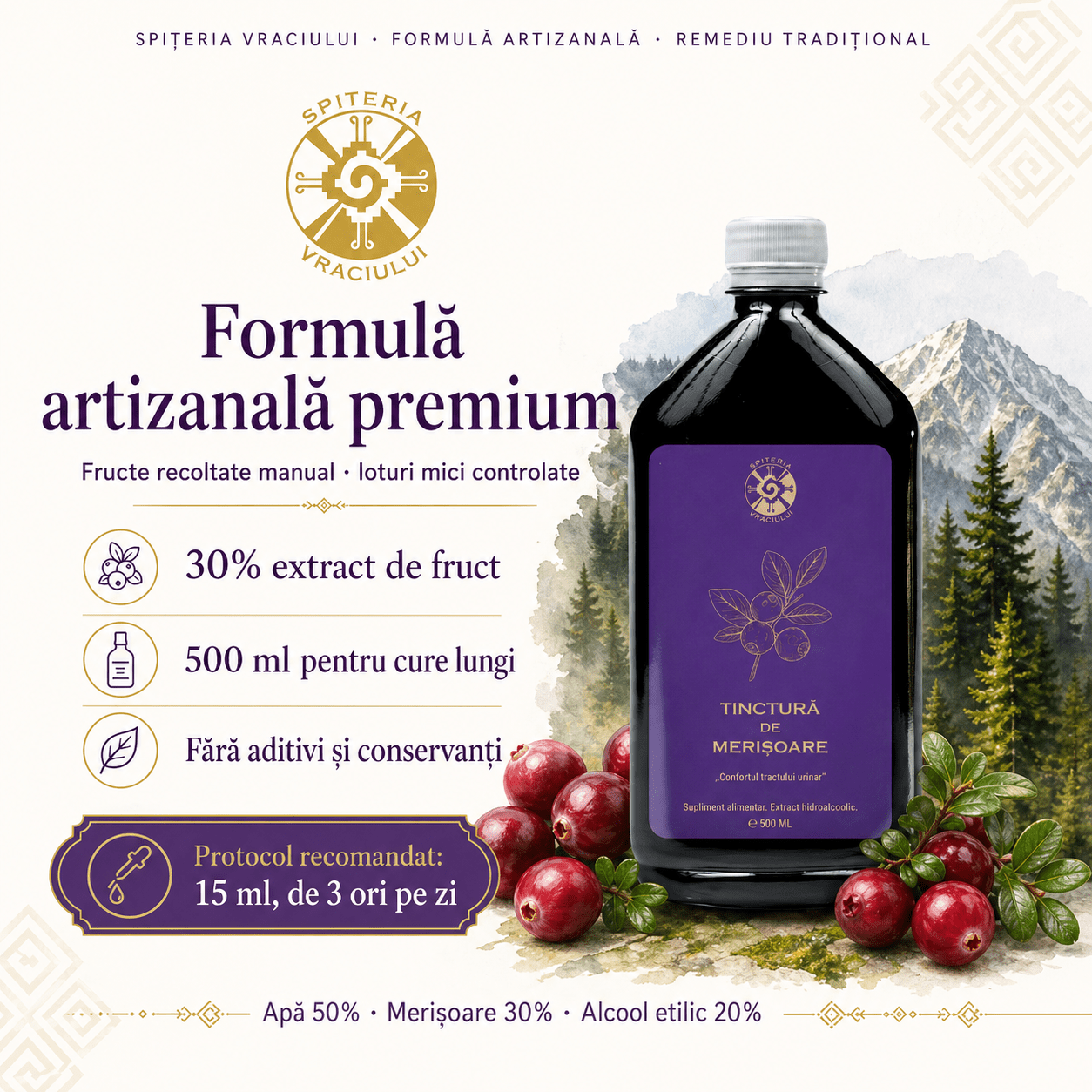 Leac Bătrânesc pentru Tract Urinar – Tinctură de Merișoare | 500ml - Spiteria Vraciului
