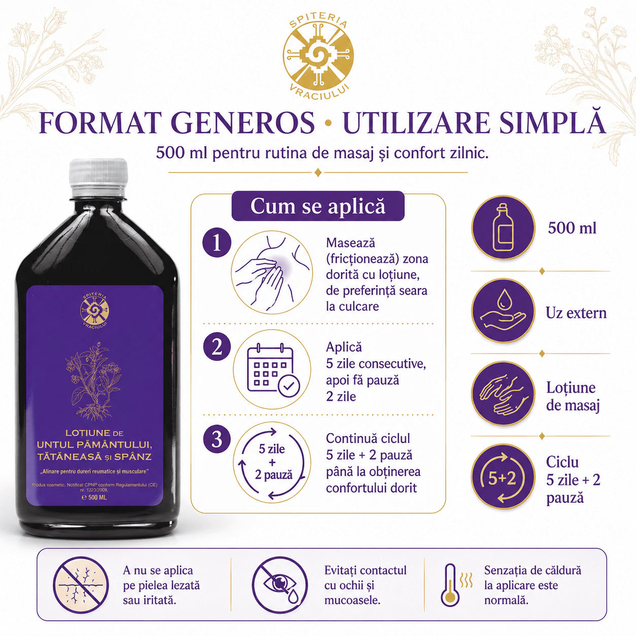 Leac Bătrânesc pentru Articulații și Piele – Loțiune Untul Pământului, Tătăneasă și Spânz | 500ml - Spiteria Vraciului