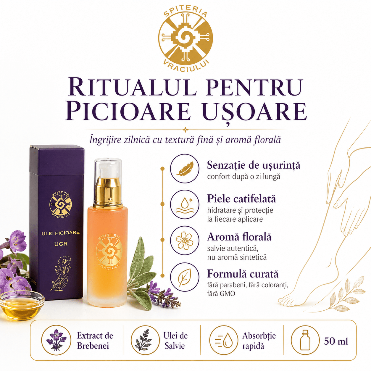 Ulei Natural Picioare Umflate, Gută și Dureri – UGR - Spiteria Vraciului