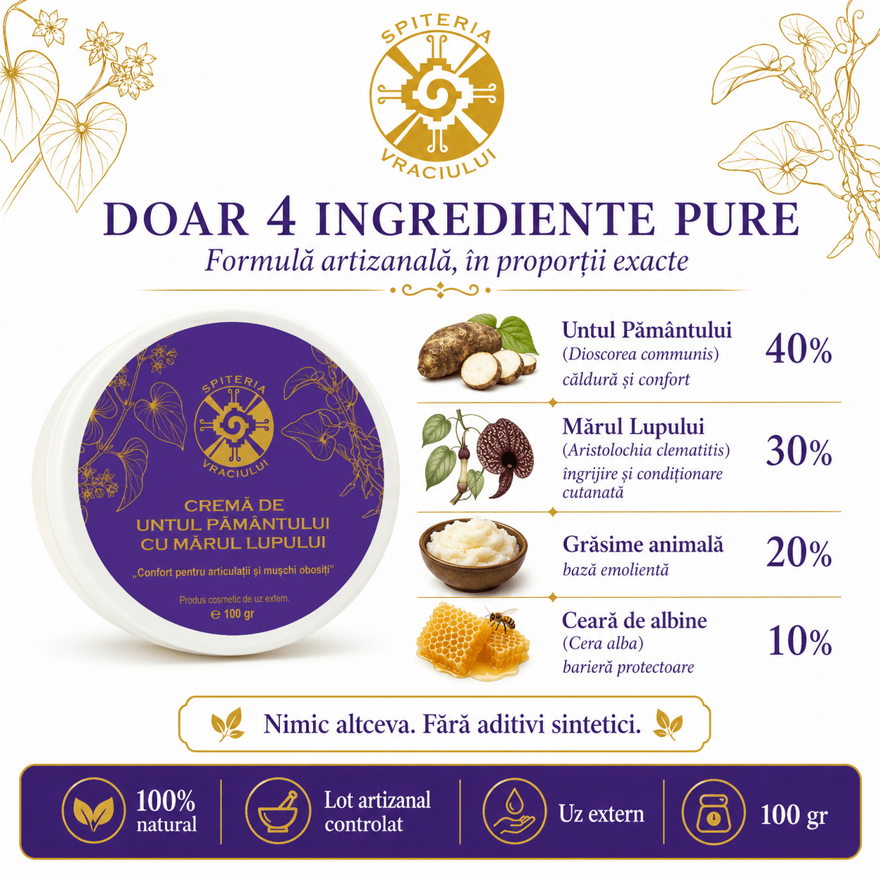 Leac Bătrânesc pentru Regenerarea Pielii – Cremă Untul Pământului și Mărul Lupului | 100g - Spiteria Vraciului