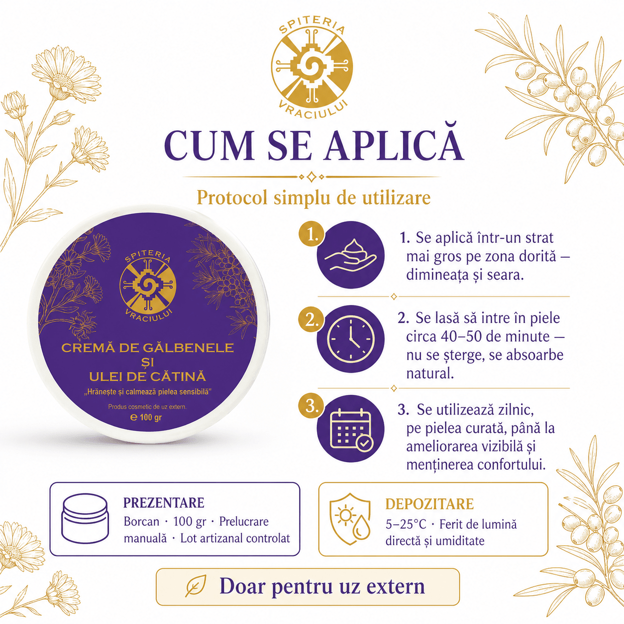 Leac Bătrânesc pentru Pielea Sensibilă – Cremă de Gălbenele și Ulei de Cătină | 100g - Spiteria Vraciului