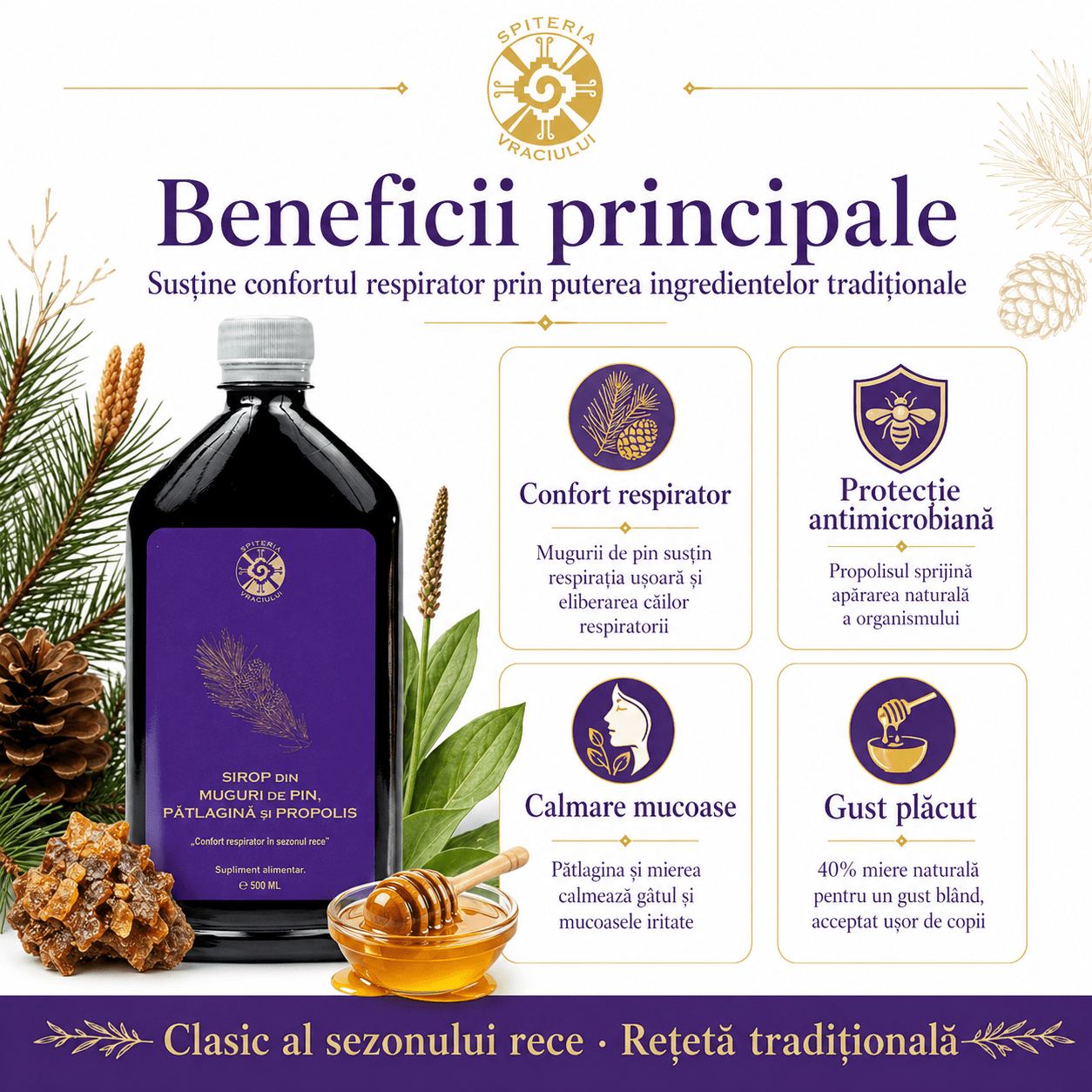 Leac Bătrânesc pentru Tuse și Bronșii – Sirop Muguri de Pin, Pătlagină și Propolis | 500ml - Spiteria Vraciului