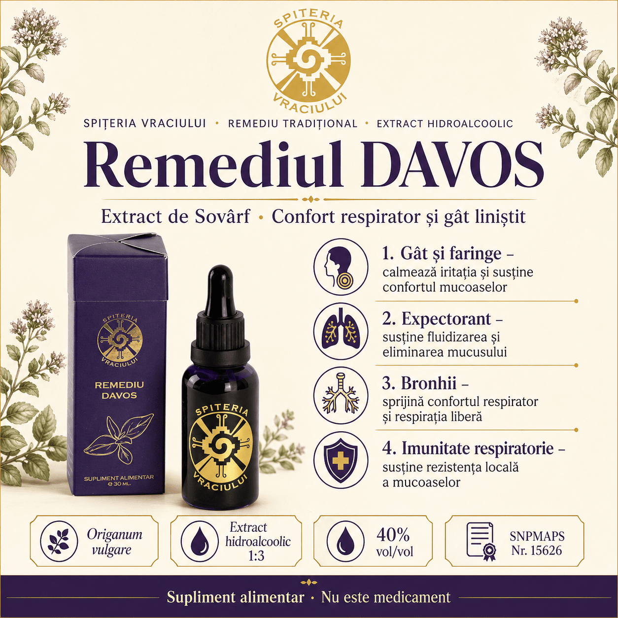 Remediu Natural Tuse și Dureri de Gât – DAVOS Antiinflamator | 30ml - Spiteria Vraciului