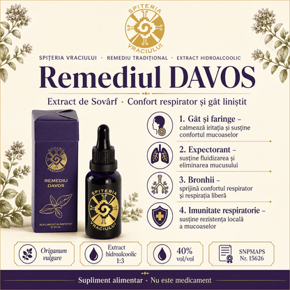 Remediu Natural Tuse și Dureri de Gât – DAVOS Antiinflamator | 30ml - Spiteria Vraciului